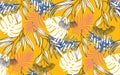 Exotic tropical flowers floral green leaves seamless pattern honey yellow background.